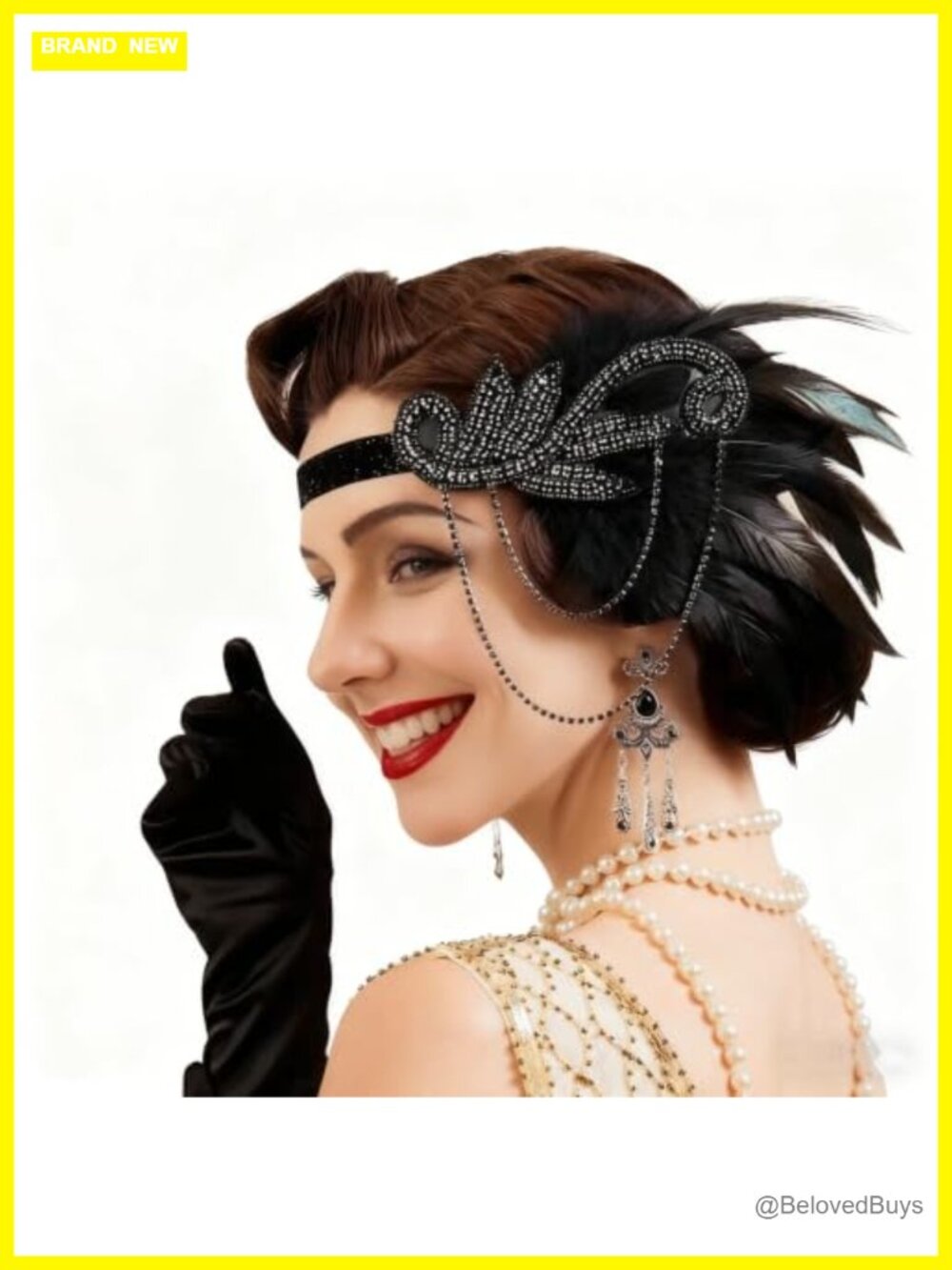 1920s Flapper Feather Headband with Rhinestones Beaded Gatsby